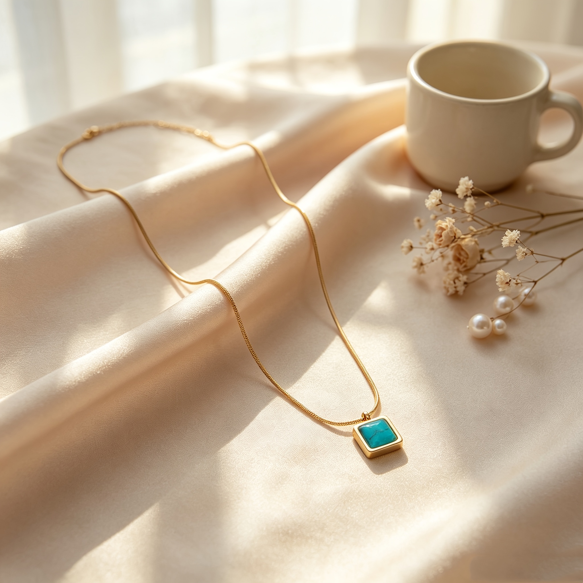 Women's 304 Stainless Steel Golden Necklace with Blue Square Pendant